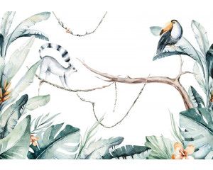 Botanisch safari jungle fotobehang met wilde dieren en tropische planten, ideaal voor een avontuurlijke kinderkamer.