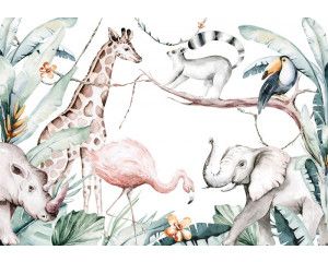 Jungle safari met dieren en planten in een kleurrijke kinderbehangstijl, perfect voor een avontuurlijke kinderkamer.