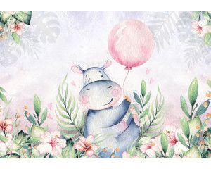 Kinderbehang met een nijlpaard en vrolijke bloemen, geschikt voor babykamers.