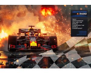 Fotobehang met Max Verstappen die in zijn Formule 1-auto door de vlammen over de finish rijdt en wereldkampioen is geworden.