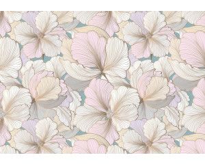 Pastel bloemen fotobehang, schilderachtig ontwerp met lichte kleuren die een subtiele en serene ambiance creëren.