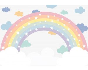 Wolken, regenbogen en sterren komen samen op dit fotobehang, wat een speels en magisch geheel vormt.