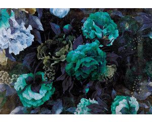 Fotobehang met groene kunstbloemen, abstract en kleurrijk ontwerp.