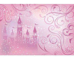 Fotobehang van een sterrenkasteel met prinsessen, sprookjesachtig en kleurrijk.