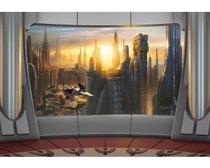 Star Wars fotobehang met uitzicht op de planeet Coruscant, perfect voor een sci-fi fan.