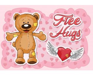 Teddybeer behang met de tekst 'free hugs' en een knuffelhart.