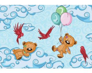 Fotobehang van teddyberen in een babykamer met wolken, kleurrijk en vrolijk.