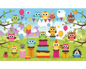 Fotobehang van uiltjes voor babykamers, vrolijk en speels.