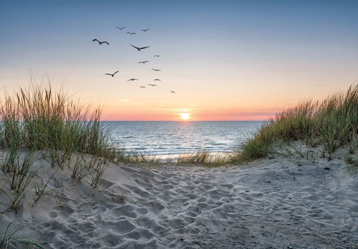 Fotobehang Strand, Duinen en Zee bij Zonsondergang