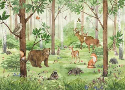 Een fotobehang met een bosdieren paradijs, waarin schattige dieren zoals herten, eekhoorns en een beer te zien zijn in een sprookjesachtig bos.