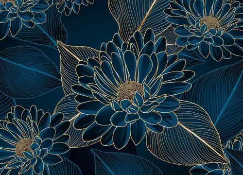 Een fotobehang met chrysanten bloemenpracht, waarin sierlijke gouden chrysanten op een diepgroene achtergrond zorgen voor een luxueuze en elegante uitstraling.