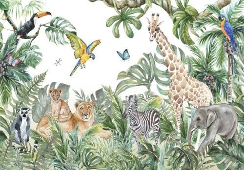Dieren zoals een olifant, giraffe, zebra, leeuw, papegaai, ringstaartmaki en een toekan in de jungle op een avontuurlijk fotobehang.