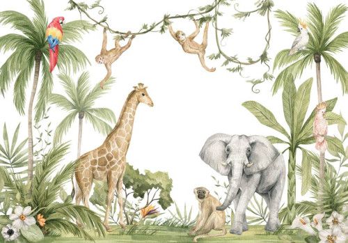 Kinderbehang met jungle dieren, perfect voor een vrolijke en speelse kinderkamer.