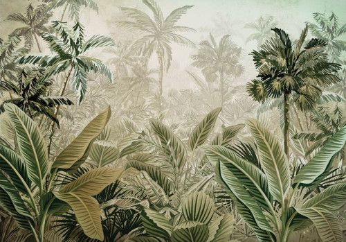 Tropisch fotobehang met diverse jungleplanten, perfect voor een natuurlijke sfeer.