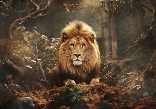 Fotobehang van een imposante leeuw die trots door de wildernis loopt, vastgelegd in zijn natuurlijke habitat, met weelderige vegetatie op de achtergrond.