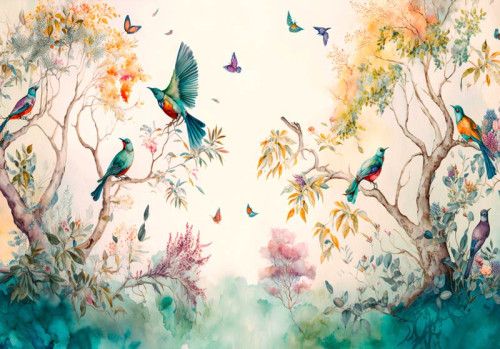 Fotobehang van vlinders en vogels geschilderd in aquarel, met bomen en kunstzinnige details.