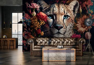 Fotobehang van panters en luipaarden met bloemen